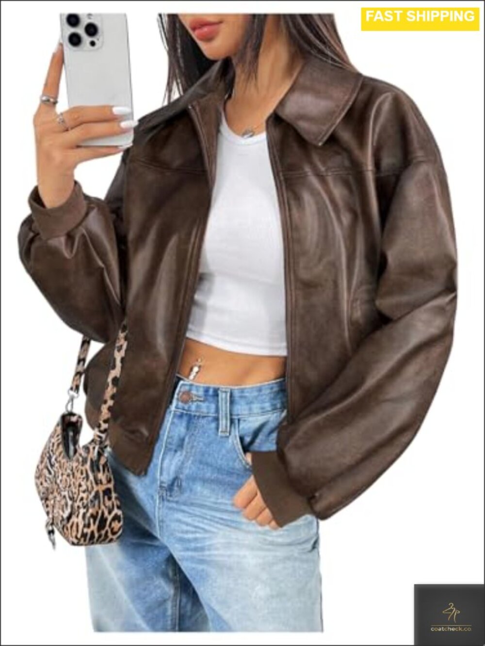 Faux Leather Jacket Motorcycle Biker Shacket Coat Long Sleeve Zip Up